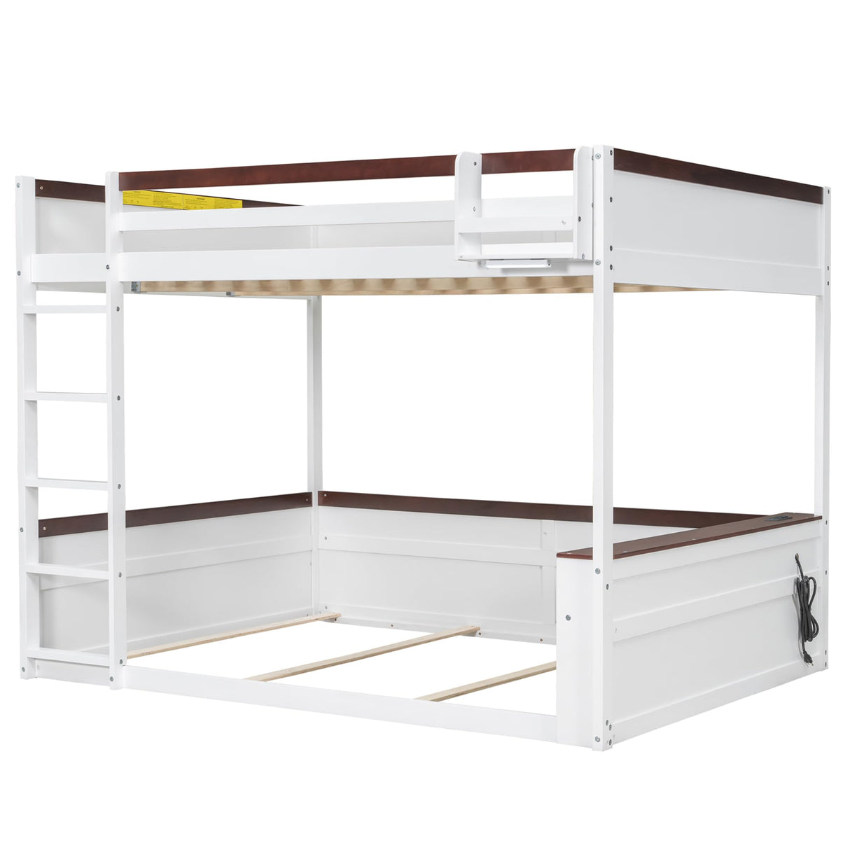 Merax Queen Over Queen Bunk Bed with Built-in Shelves for Teens Adults, Wood Bunk Bed with Light, USB Charging Station, No Box Spring Needed, White Brown Merax