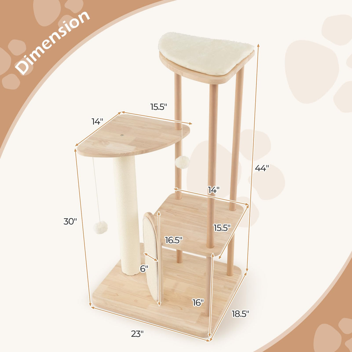 PETSITE 44 Inches Cat Tree, Multi-Level Modern Cat Tower with Sisal Scratching Post and Board, Padded Top Perch, and Hanging Balls, Minimal Wooden Cat Tree Tower for Indoor Cats Large Adult PETSITE