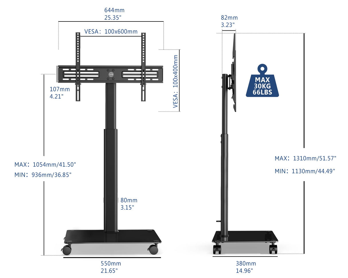 FITUEYES Mobile TV Stand with Wheels for 32-60 65Inch TV Screen, Rolling TV Floor Stand with Mount, TV Cart with Black Tempered Glass Base & Wire Management, Holds 66 lbs FITUEYES