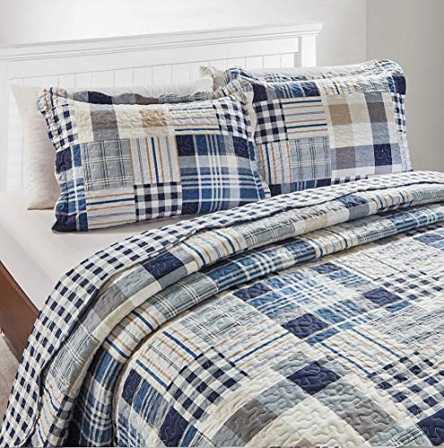 Brilliant Sunshine Blue Plaids and Stripes Patchwork, 3-Piece Quilt Set with 2 Shams, Reversible Bedspread, Soft Lightweight Coverlet, All-Season, Full/Queen, Blue Brilliant Sunshine