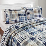 Brilliant Sunshine Blue Plaids and Stripes Patchwork, 3-Piece Quilt Set with 2 Shams, Reversible Bedspread, Soft Lightweight Coverlet, All-Season, Full/Queen, Blue Brilliant Sunshine