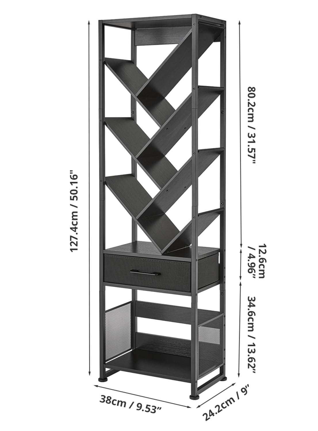 ZEXVIDA Bookshelf with Drawer,10 Tier Tree Bookcase Retro Floor Standing Bookshelves,Tall Wood Bookcases with Cabinet Storage Organizer for Living Room, Bedroom & Home Office, Black ZEXVIDA