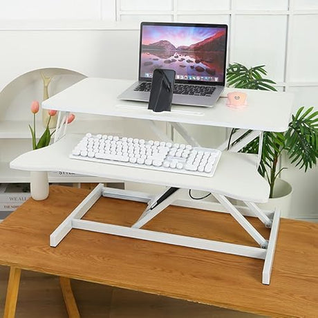 Xinmviec 32" Standing Desk Converter, Height Adjustable Sit to Stand Riser with Gas Spring Lift, Dual Monitor and Laptop Workstation with Wide Keyboard Tray for Home & Office (White) Xinmviec
