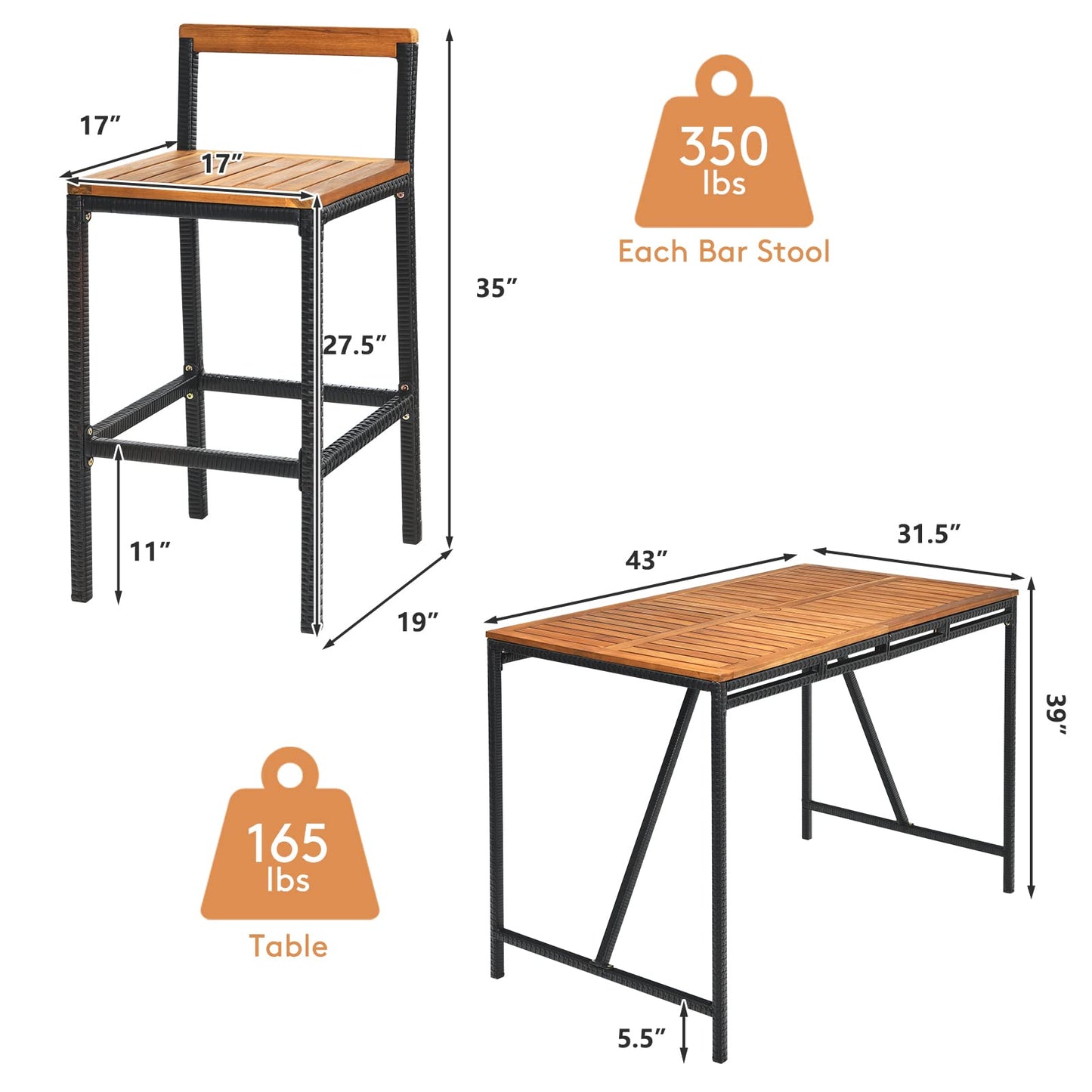 Tangkula 5-Piece Black Acacia Wood Bar Table Set with Rattan Stools and Umbrella Hole for Outdoor Spaces