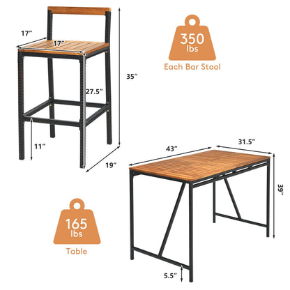 Tangkula 5-Piece Black Acacia Wood Bar Table Set with Rattan Stools and Umbrella Hole for Outdoor Spaces