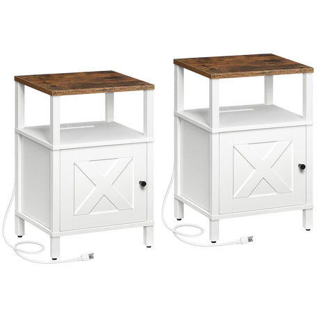 MAHANCRIS Set of 2 Farmhouse Nightstand with Charging Station, White Bedside Table with USB&Type-C Ports and Outlets, End Table with Storage, Night Stand for Bedroom, White and Rustic Brown MAHANCRIS