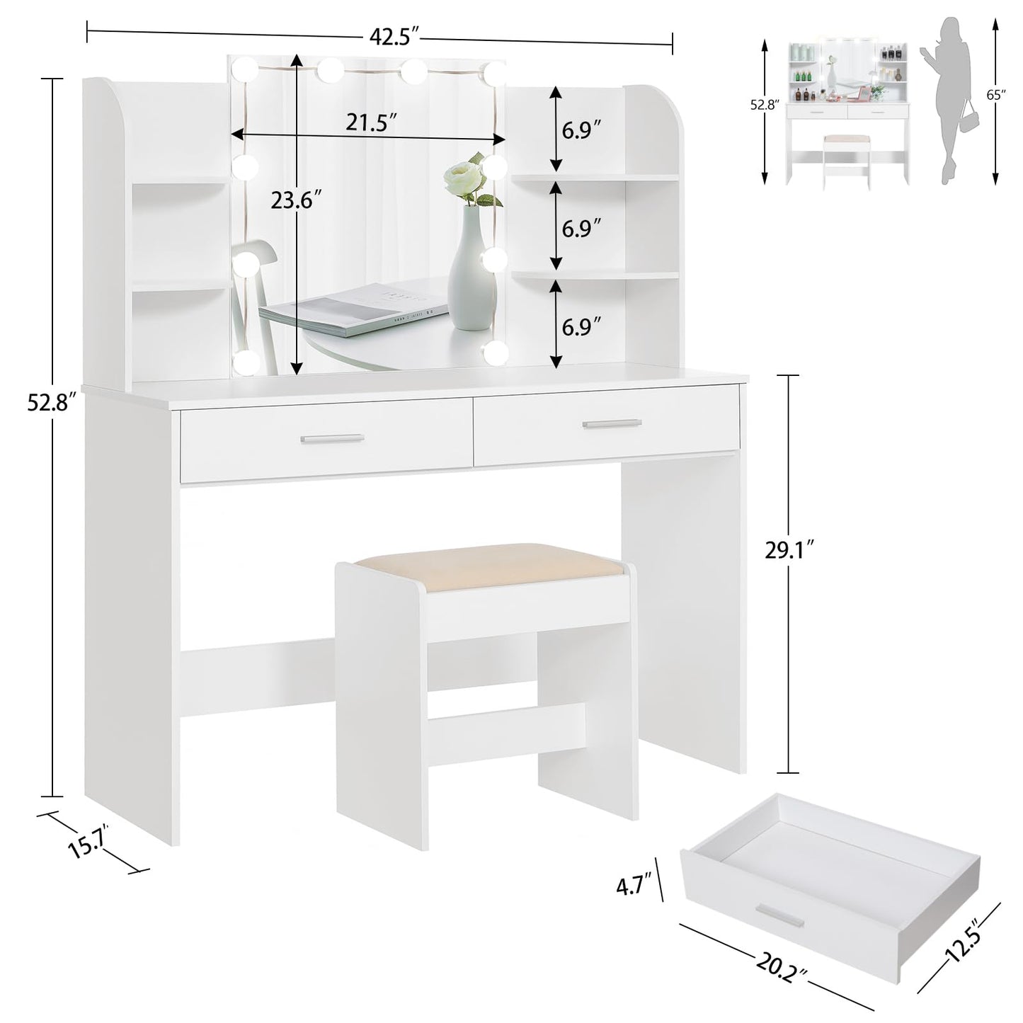 usikey Makeup Vanity with Mirror and 10 LED Lights, Vanity Makeup Table Set with 2 Drawers and Open Shelves, Makeup Vanity Desk Dressing Table with Cushioned Stool, White - WoodArtSupply