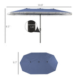 Outsunny 15ft Extra Large Patio Umbrella with Fringe, UPF30+ Double-sided Market Umbrella with Easy Crank Handle, 2 Vents for Garden Pool Lawn, Dark Blue Outsunny