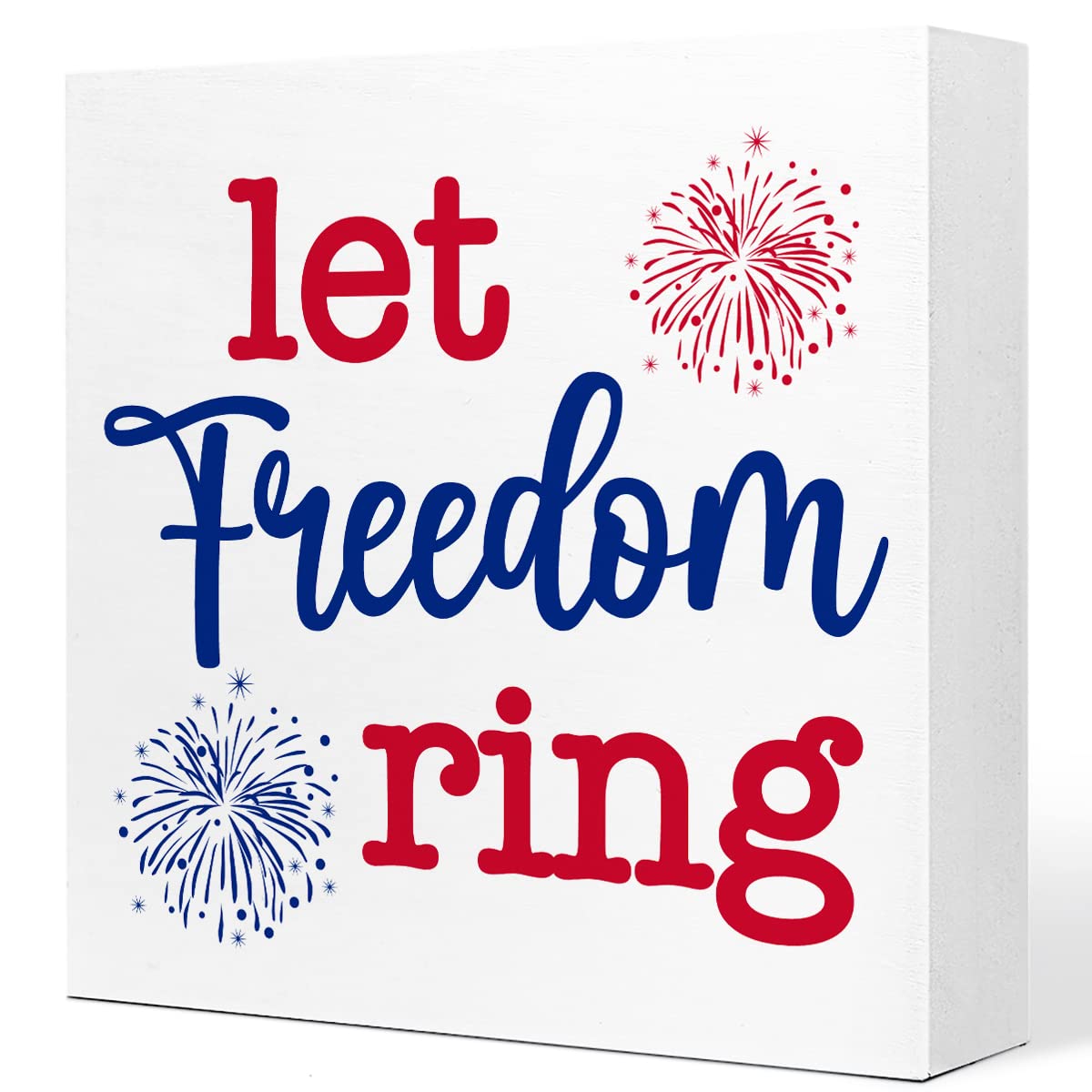 Let Freedom Ring Firework Independence Day Patriotic Wooden Plaque Sign Desk Decor,Retro 4th of July Wood Block Sign Desk Decorations for Home Bedroom Living Room Office Shelf Table Decor Ruvoty