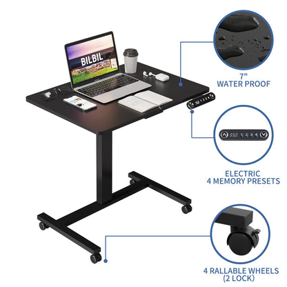 bilbil Electric Standing Desks with Lockable Wheels, 32 * 24 inch Height Adjustable Sit to Stand Desk, Overbed Laptop Table Desk, Mobile Rolling Desk, Portable Work Table for Home & Office, W - WoodArtSupply