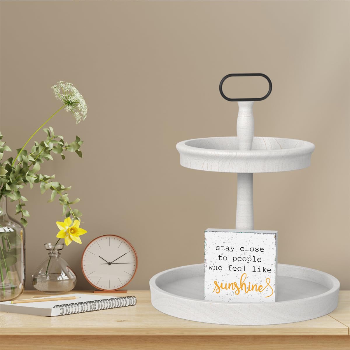 Stay Close to People Who Feel Like Sunshine Sign, Farmhouse Summer Sunshine Wood Square Sign Desk Decor Home Office Shelf Decoration 5 x 5 Inches WRSUNT