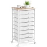 Storage Cart with 8 Drawers, Utility Cart with White Drawers and Wooden Tabletop, Craft Cart, Teacher Organization for Classroom,White TOOLF