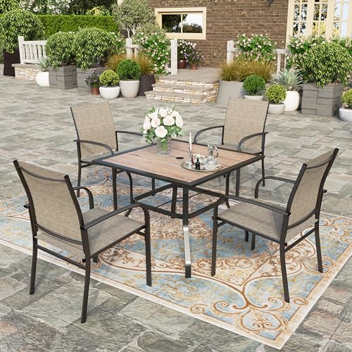 HERA'S HOUSE 5 Piece Patio Dining Set, 4 x Brown Textilene Dining Chair and 37" Square Wood-Like Dining Table with Umbrella Hole, Outdoor Table and Chairs Set for Lawn Garden Backyard Deck HERA'S HOUSE