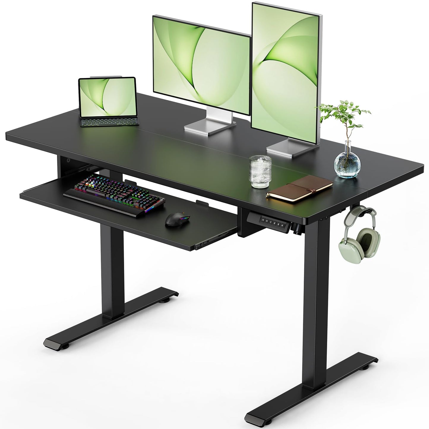 Marsail Standing Desk Adjustable Height with Extra Large Keyboard Tray, Electic Adjustable Desk with 4 Memory Presets Cable Management 2 Storage Hooks, Sit Stand Up Desk for Home Office - WoodArtSupply