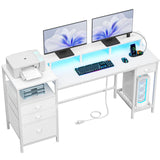 Furologee White Computer Desk with 4 Drawers, 60" Long Office Desk with Fabric File Cabinet and Power Outlets, Gaming Desk with LED Lights, Study Writing Work Desk with Shelf for Home Office Furologee
