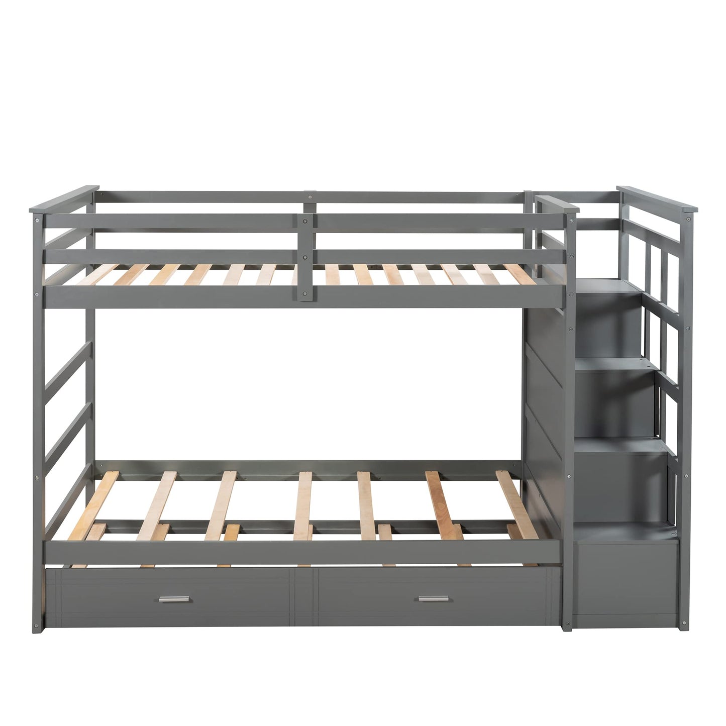 Bellemave Grey Twin Over Twin Bunk Bed with Trundle, 4 Storage Drawers, Staircase & Safety Guard Rails - WoodArtSupply