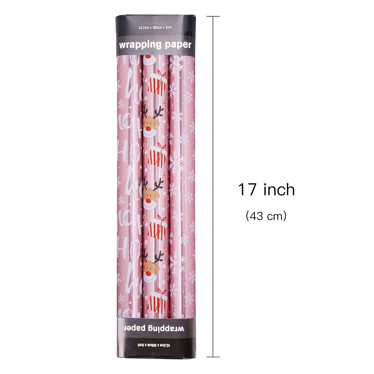LeZakaa Christmas Wrapping Paper Mini Roll, Pink Metallic Foil Shine Paper - Snowflakes/Santa Claus/HO Print for Gift Wrap, Arts Crafts - 17 x 120 inches - 3 Rolls (42.5 sq.ft.ttl.) LeZakaa