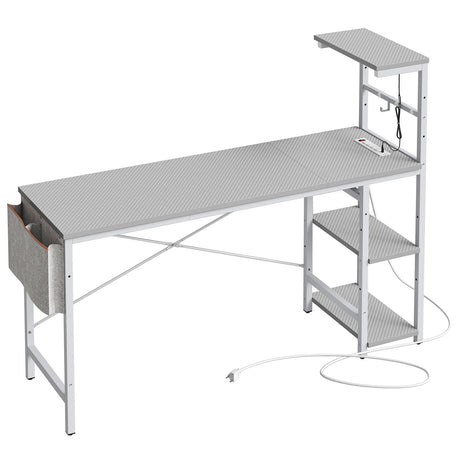 Bestier Gaming Desk with Power Outlets, 61 Inch Large Led Gamer Desk with 4 Tiers Reversible Shelves, PC Gaming Table with Headset Hook & Side Storage Bag for Bedroom (Grey 3D Carbon Fiber) Bestier