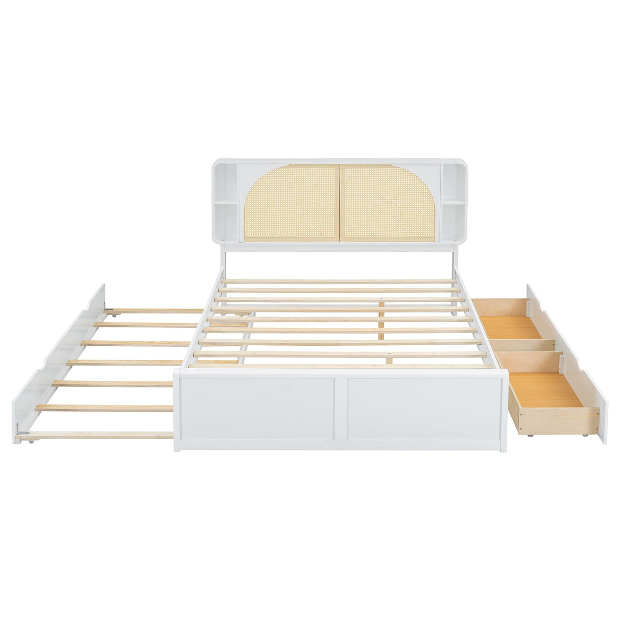 Mid-Century Modern Platform Bed with Pull-Out Trundle and 2 Storage Drawers, Queen Size Wooden Bed Frame with Rattan Design Headboard for Home Apartment Limited Living Spaces, No Box Spring Needed FULife
