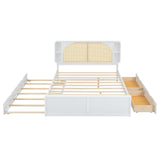 Mid-Century Modern Platform Bed with Pull-Out Trundle and 2 Storage Drawers, Queen Size Wooden Bed Frame with Rattan Design Headboard for Home Apartment Limited Living Spaces, No Box Spring Needed FULife
