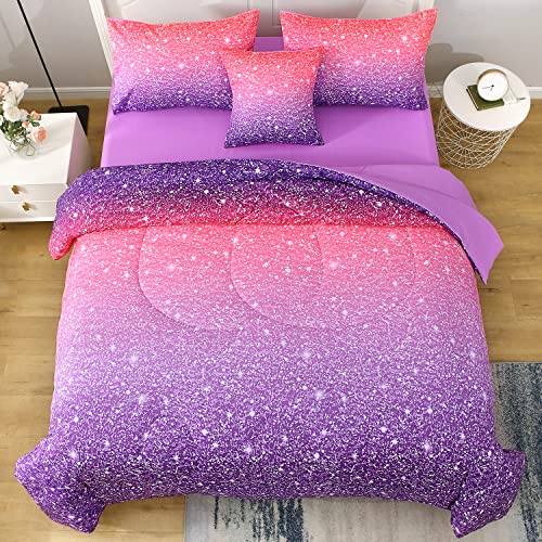 JQinHome Twin Pink Purple Comforter Set, 6 Piece Bed in A Bag 3D Colorful Bedding Set for Girls Kids (1 Comforter,2 Pillowcases,1 Flat Sheet,1 Fitted Sheet,1 Cushion Cover)(Pink Purple) JQinHome