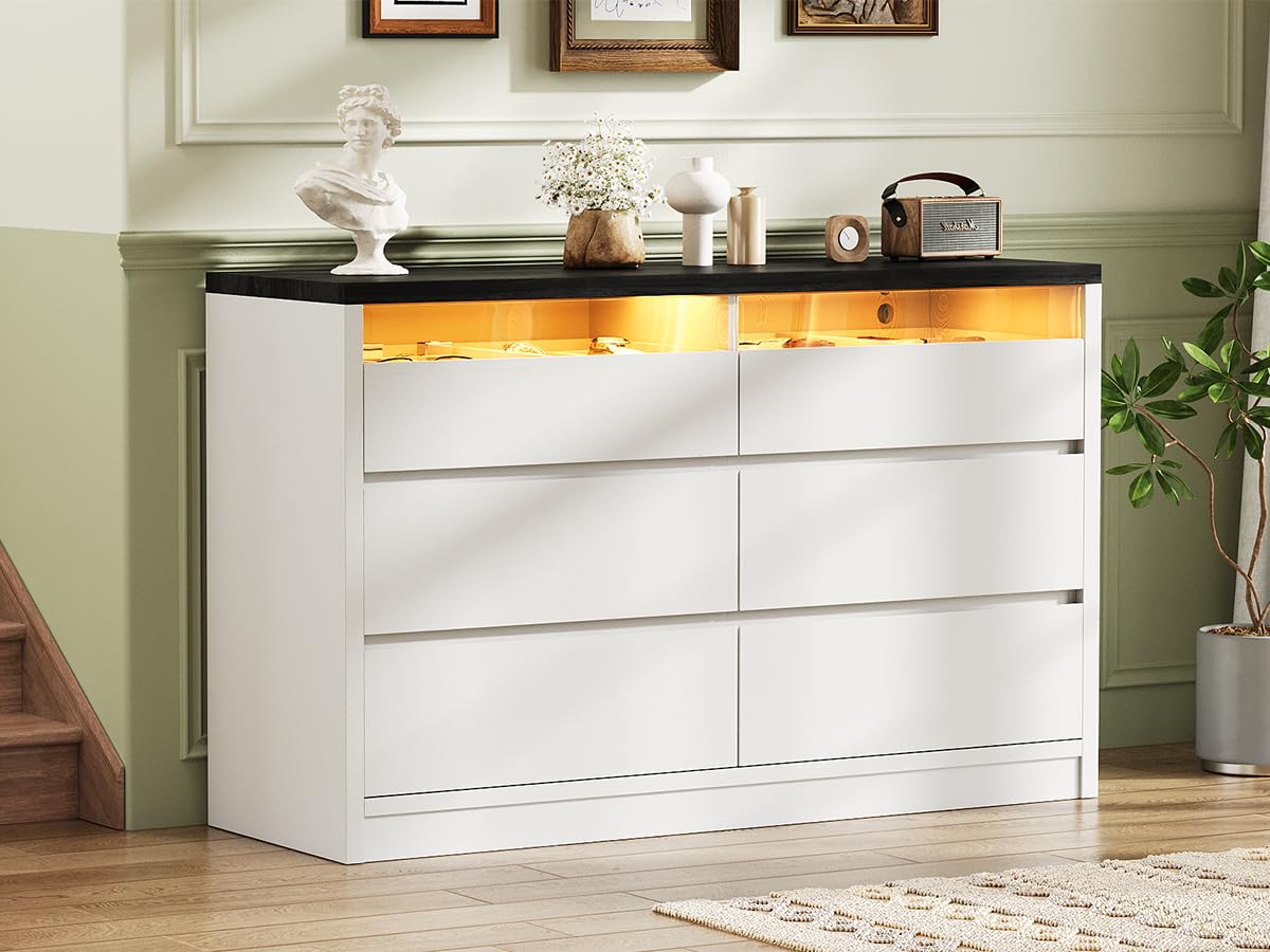Jocoevol Modern LED 6 Drawer Dresser for Bedroom, White Large Chest of Drawers with Hidden Handles, Long Double Wooden Dresser Closet for Living Room, Entryway, Hallway - White Jocoevol