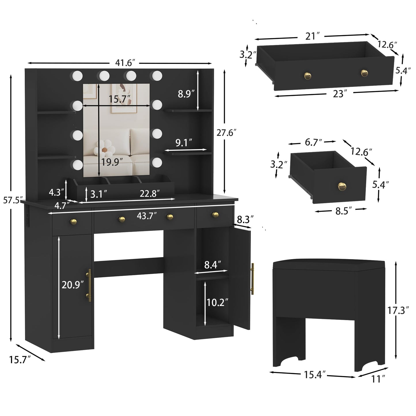 HUANLEGO Vanity Desk with Mirror and Lights, Black Makeup Vanity Mirror with RGB LED Lights, 3 Color Modes Adjustable Vanity Desk with Charging Station, 3 Drawers and Vanity Chair for Bedroom