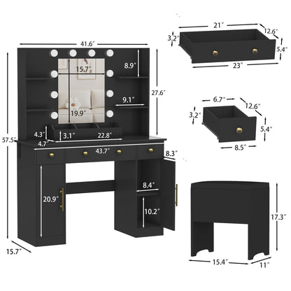 HUANLEGO Vanity Desk with Mirror and Lights, Black Makeup Vanity Mirror with RGB LED Lights, 3 Color Modes Adjustable Vanity Desk with Charging Station, 3 Drawers and Vanity Chair for Bedroom