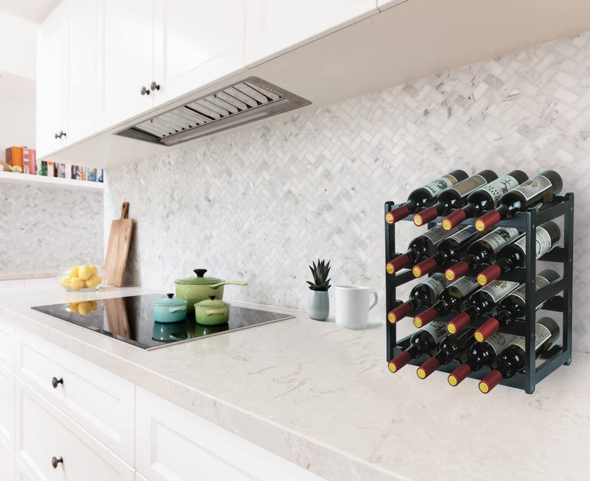 Homevany Bamboo Wine Rack, Sturdy and Durable Wine Storage Cabinet Shelf, Wine Racks Countertop for Pantry - 4 Tiers 16 Bottle Wine Rack Black Homevany