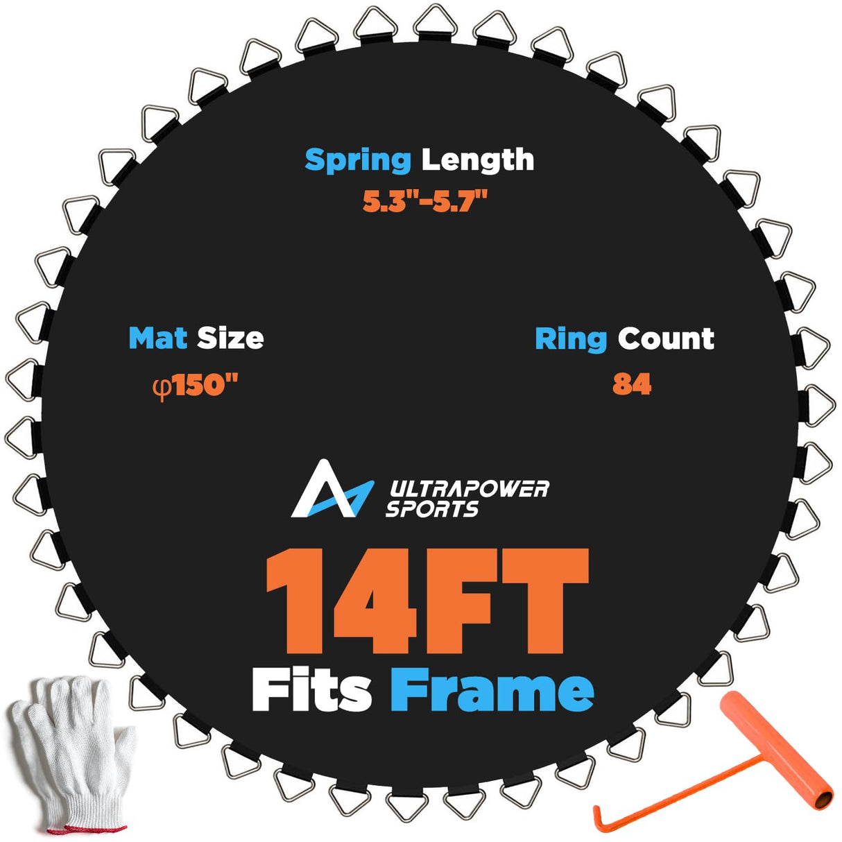 Ultrapower Sports Trampoline Mat Replacement 14FT Replacement Trampoline Mat 14 FT Mats 84 Rings Jumping Mat for 84 Springs 5.3"-5.7" Springs 8 Row Stitch Anti-UV Wear-Resistant Spring Hook Gloves ULTRAPOWER SPORTS