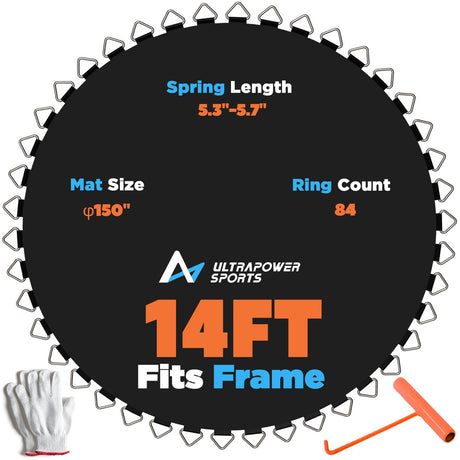 Ultrapower Sports Trampoline Mat Replacement 14FT Replacement Trampoline Mat 14 FT Mats 84 Rings Jumping Mat for 84 Springs 5.3"-5.7" Springs 8 Row Stitch Anti-UV Wear-Resistant Spring Hook Gloves ULTRAPOWER SPORTS