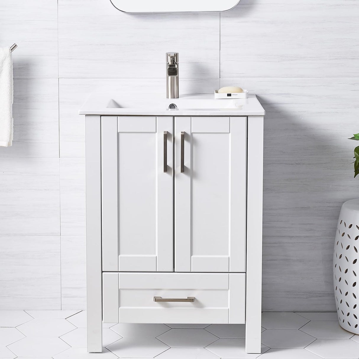 Wenore Home 24 Inch Bathroom Vanity with Sink, Small Bathroom Vanity Sink Set, White Bathroom Vanity Cabinet Combo, Modern Bath Vanity with Single Hole Ceramic Sink Wenore Home