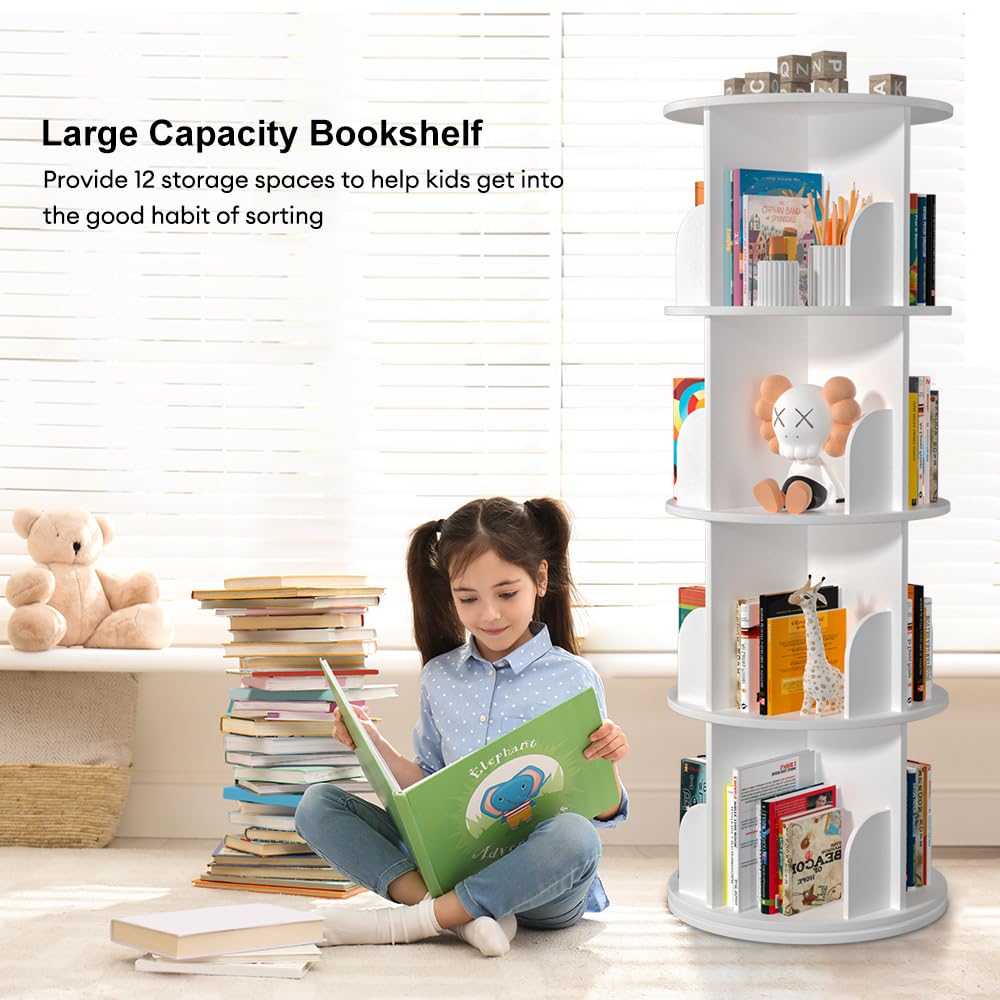 Nidouillet Rotating Bookshelf, Revolving Bookcase 360 Display Round Bookshelf Narrow Swivel Corner Book Shelf Standing Bookcase for Adult Bedroom, Living Room (White, 4 Tier-15.7" W) Nidouillet