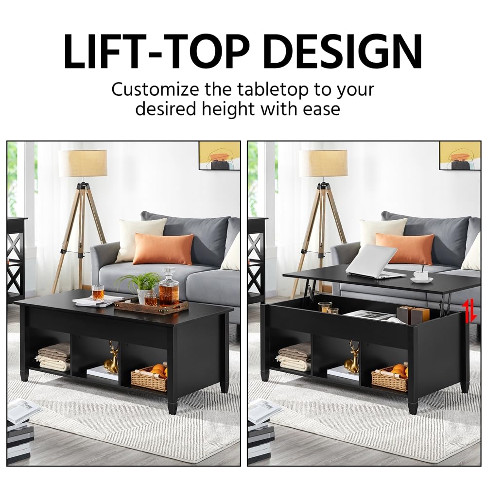 Yaheetech Black Coffee Table, 47.5in Lift Top Coffee Table, Lift Up Center Table w/Hidden Compartment & 3 Cube Open Shelves for Living Room Yaheetech