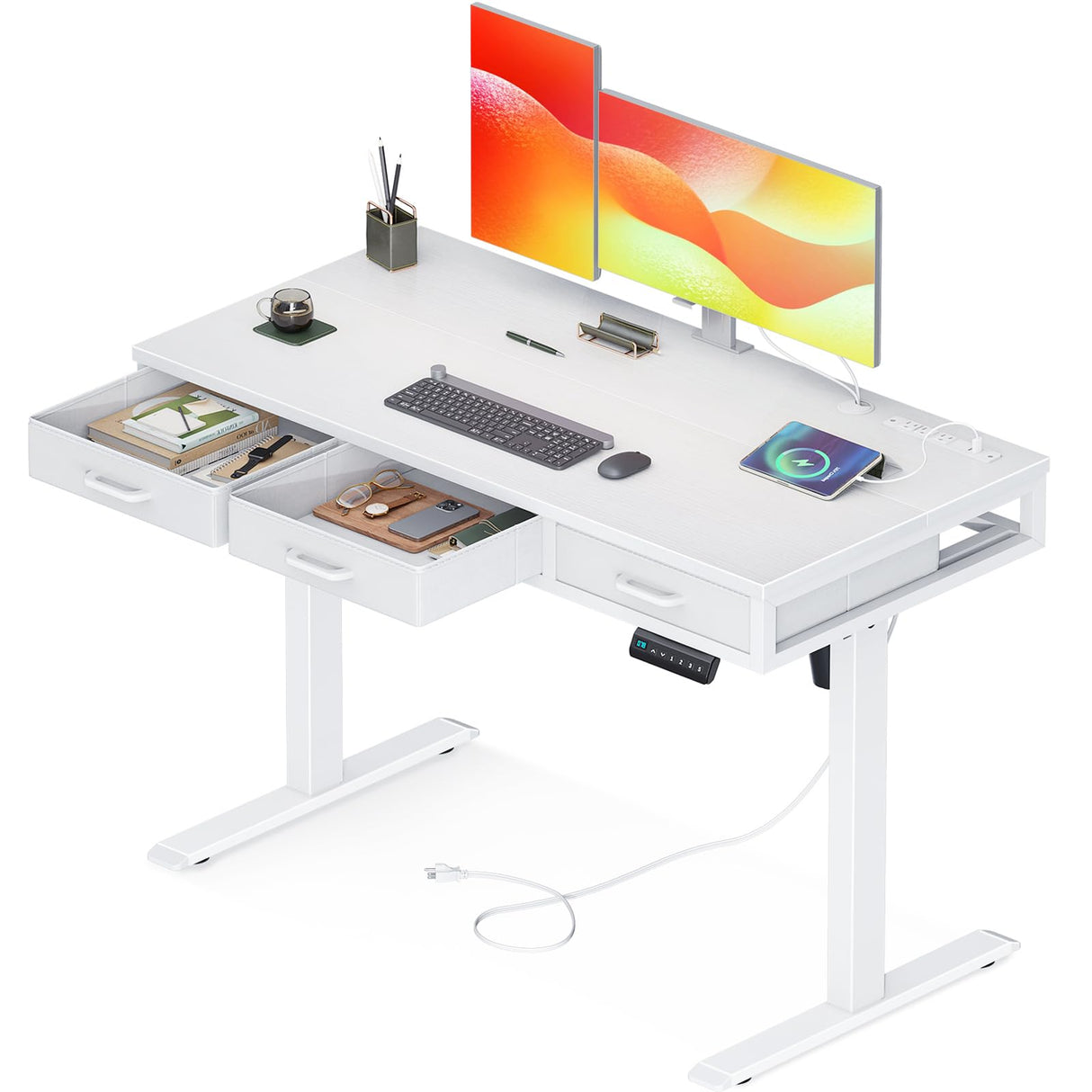 AODK Electric Standing Desk with Drawers, 47 Inch Height Adjustable Small Desk with Power Outlets, Sit Stand Table, Writing Computer Desk for Home, Office, Workstation, White AODK