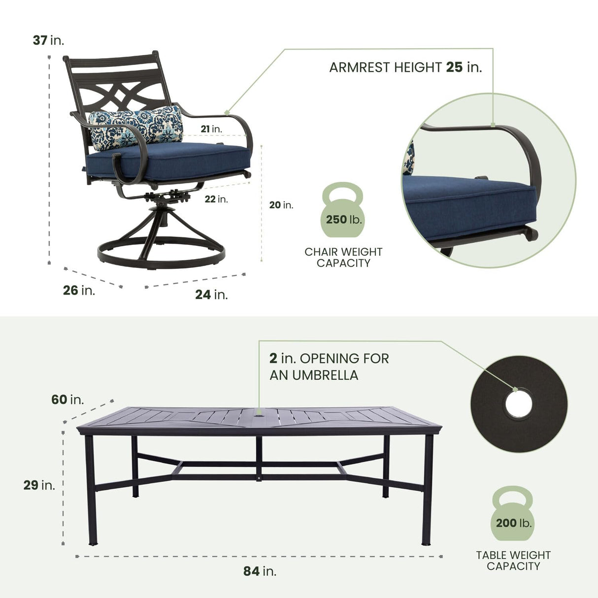 Hanover Montclair 11-Piece Patio Dining Set with 10 Swivel Rocker Chairs, Accent Lumbar Pillows and 84"x60" Steel Stamped Rectangular Table, Large Outdoor Patio Dining Set for 10, Navy Blue Hanover
