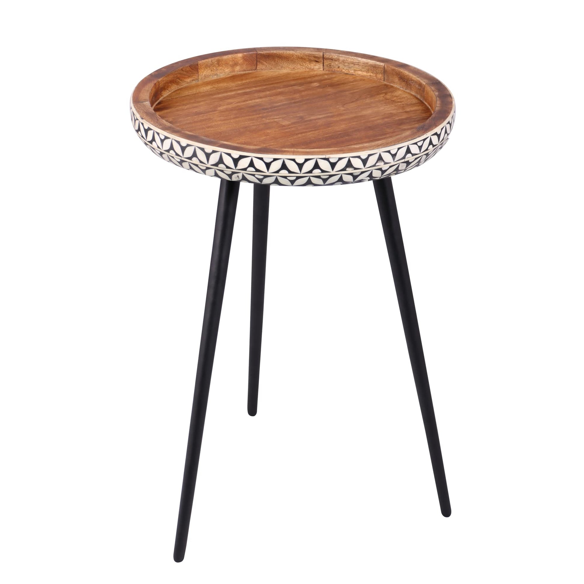 East at Main Handmade- Natural Bone Inlay Round Side Table - Iron Legs - 16" Dia X 20" H Mango Wood Side Table, Accent Table, Bedside Table - WoodArtSupply