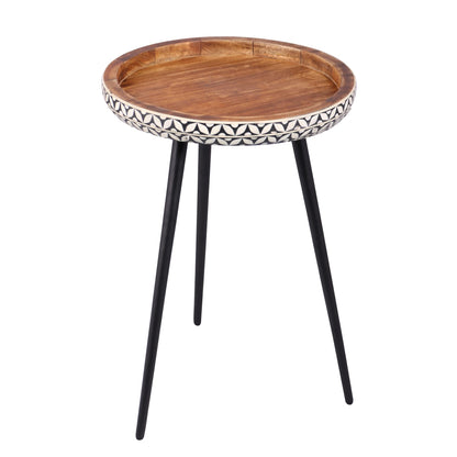 East at Main Handmade- Natural Bone Inlay Round Side Table - Iron Legs - 16" Dia X 20" H Mango Wood Side Table, Accent Table, Bedside Table - WoodArtSupply