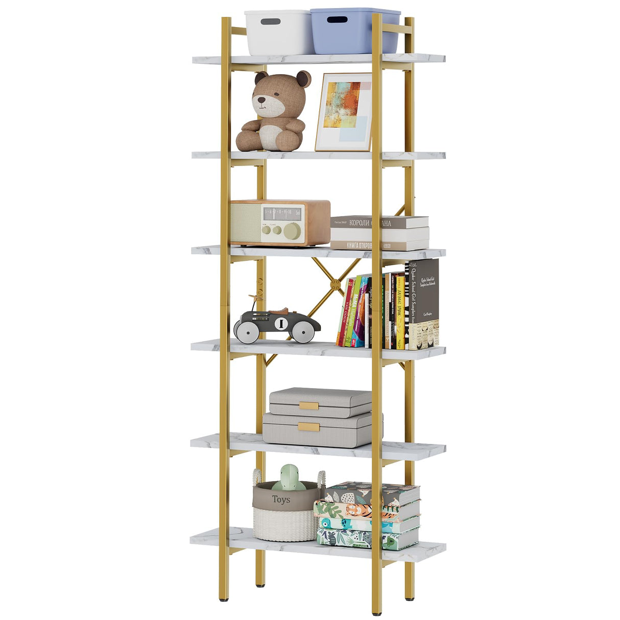 Azheruol 6 Tiers Bookshelf Organizer White Faux Marble Shelf,Modern Open Display Storage Bookcase, and Metal Bookshelf Standing Storage Shelf Tall Shelving Units for Home Office Study Azheruol
