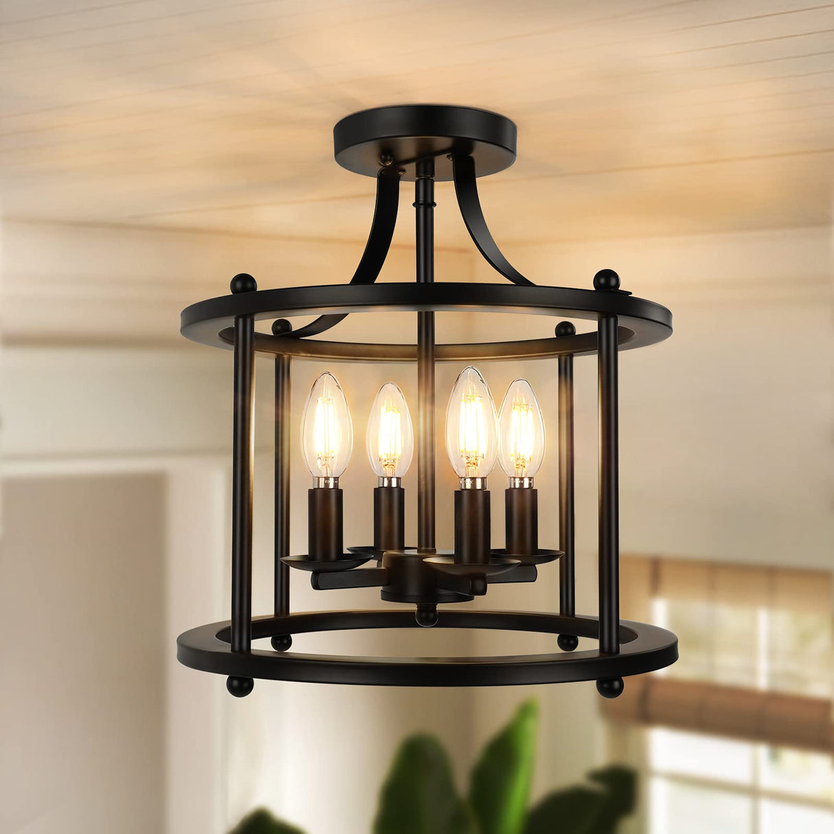 Farmhouse Semi Flush Mount Ceiling Light Fixture, 4-Light Industrial Ceiling Light w/ E12 Base Metal Rustic Vintage Chandelier Lighting for Kitchen Dining Room Hallway Entryway Foyer (Matte Black) Bosceos