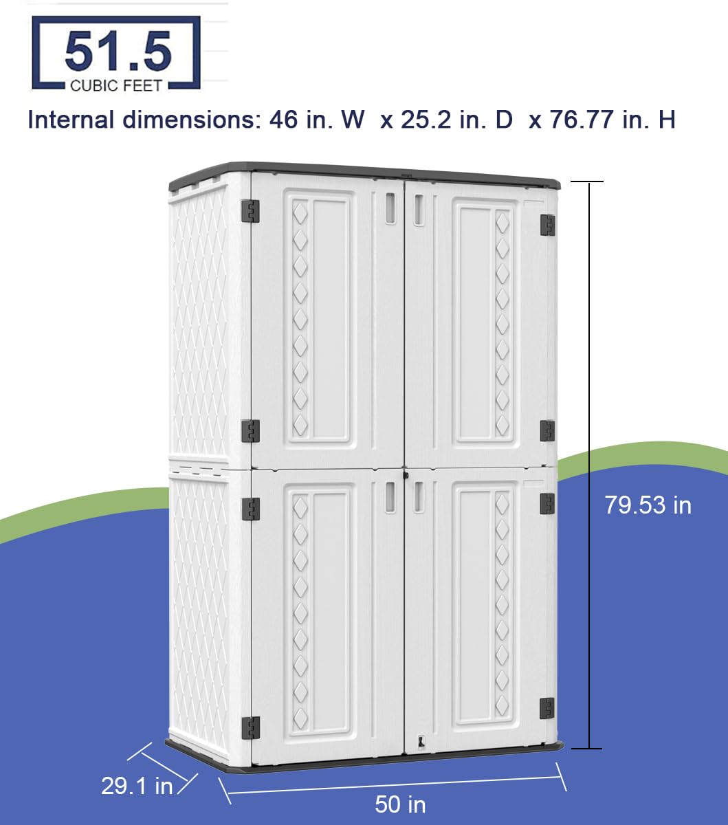 Outdoor Storage Shed,KINYING Outdoor Storage Cabinet Waterproof with Double Doors,52 Cu.ft Resin Vertical Tool Shed for Garden,Patio,Backyard,4×2.5×6.6 FT KINYING