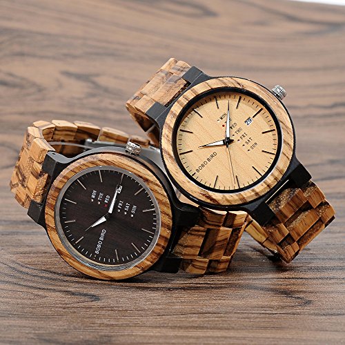 BOBO BIRD Mens Wooden Watch Analog Quartz with Week Display Lightweight Handmade Wood Wrist Watch for Men (Black Dial) BOBO BIRD