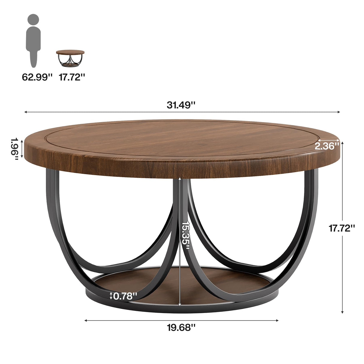 Tribesigns Round Coffee Table with 2 Tiers, 31.5" Wooden Circle Accent Cocktail Table with Storage Shelf and Metal Frame, Industrial Center Tables for Living Room, Brown & Black Tribesigns
