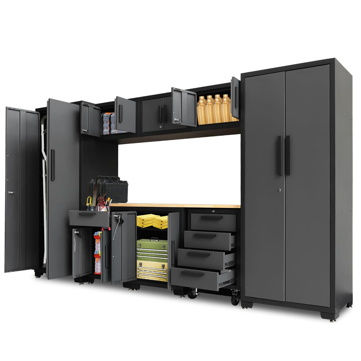 TCE Storage System, 9-Pcs Workshop Set, Included Steel Drawers Rolling Chest, Heavy Duty 9Pcs Metal Cabinets, Perfect for Organizing Garage and Tools, Black/Grey TCE