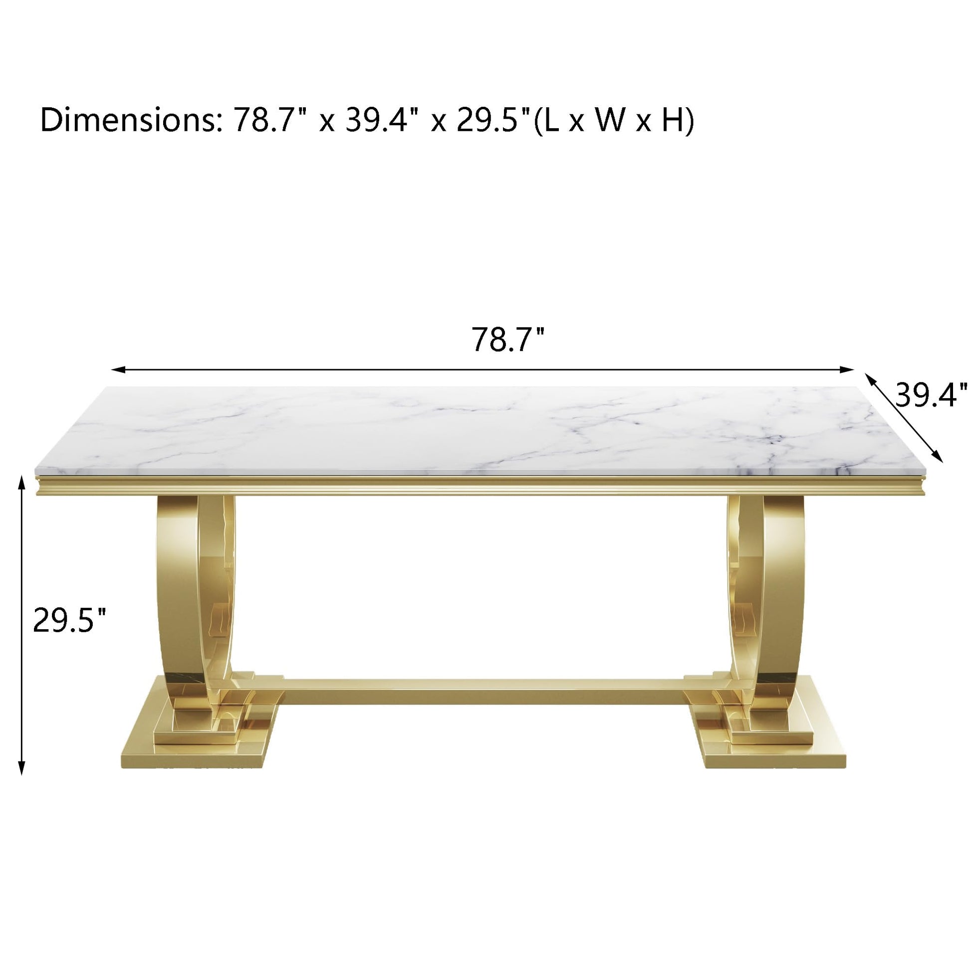 Henf 78.7" Luxury Marble Dining Table for 6-8 People White Gold Genuine Marble Kitchen Table with Mirrored Finish Stainless Steel Base, Contemporary Modern Large Long Dining Room Table (Table - WoodArtSupply