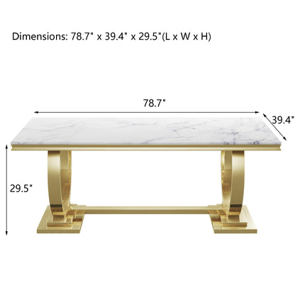 Henf 78.7" Luxury Marble Dining Table for 6-8 People White Gold Genuine Marble Kitchen Table with Mirrored Finish Stainless Steel Base, Contemporary Modern Large Long Dining Room Table (Table - WoodArtSupply