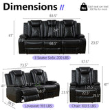 Anthato Black Leather Power Recliner Set with LED Lights, 3-Piece Recliner Sofa Loveseat Chair with Coffee Table/Storage/Charging Port, Modern Reclining Furniture for Living Room/Home Theater/Office Anthato