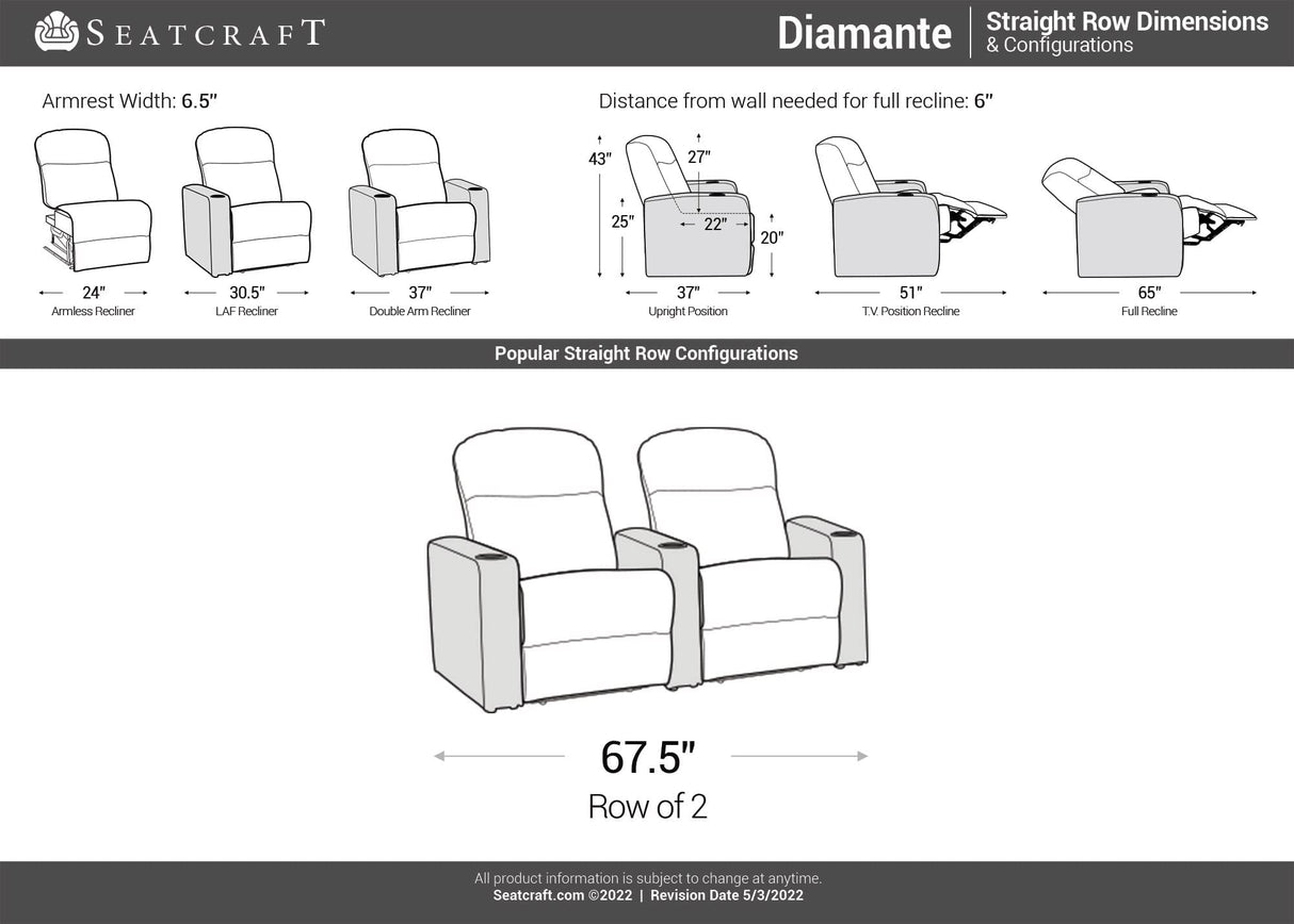 Seatcraft Diamante - Home Theater Seating - Living Room - Power Recline - Italian Leather - Powered Headrests - Cupholders - USB Charging - Ambient Lighting - Arm Storage, Red, Row of 2 Seatcraft