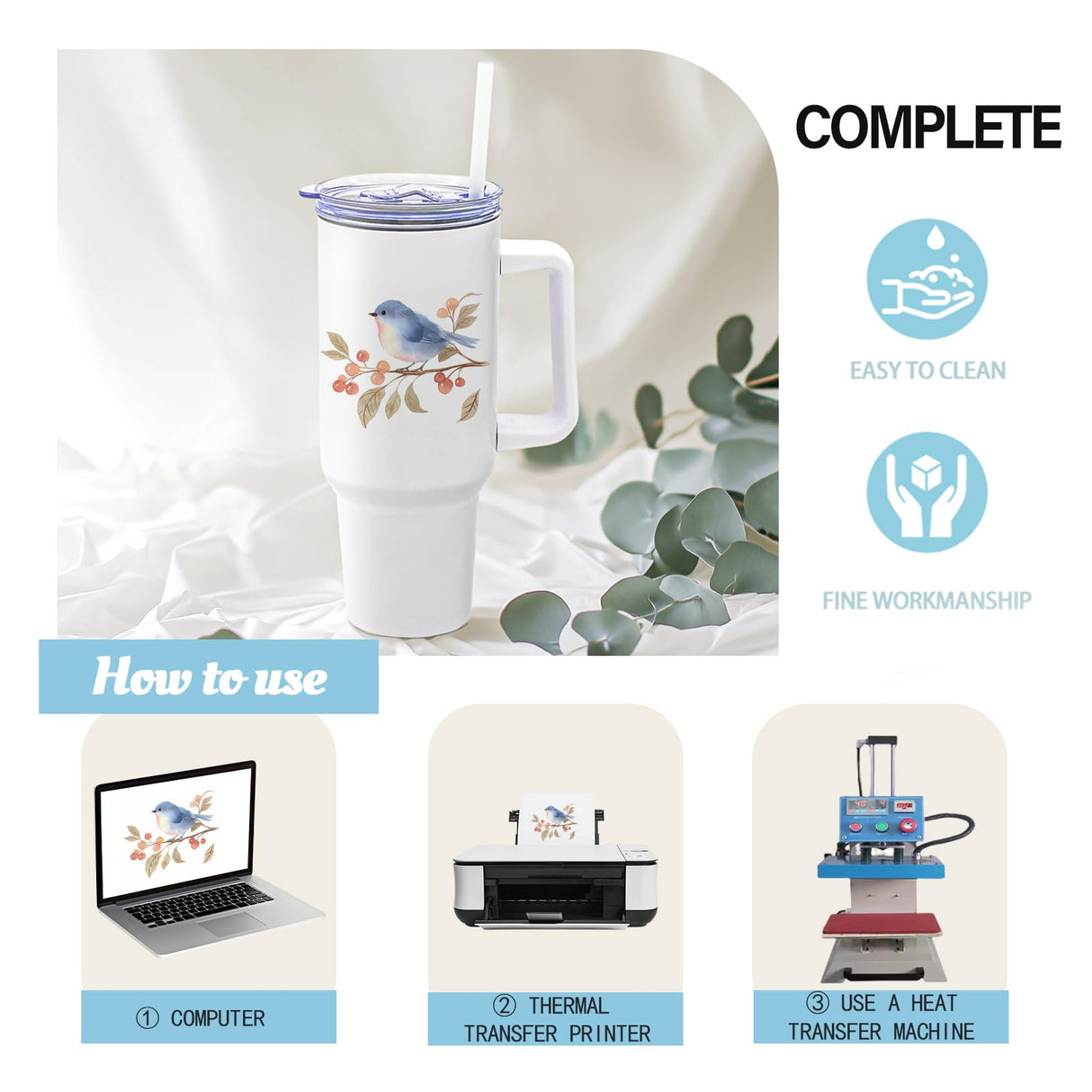 YOUKE OLA 8 Pack Sublimation Tumblers 40oz with Handle Blanks Stainless Steel Insulated Large Tumbler Bulk Coffee Travel Cups for Tumbler Heat Press Sublimation Oven Printing, White YOUKE OLA