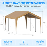 Carport 12x20 Heavy Duty Portable Garage,Galvanized Frame Carport Canopy,Portable Garages and Shelters with 8 Leg&4 Wind Rope,Car Tent Garage with All-Season Tarp for Truck Boat,Without Sidewall BUPPLEE